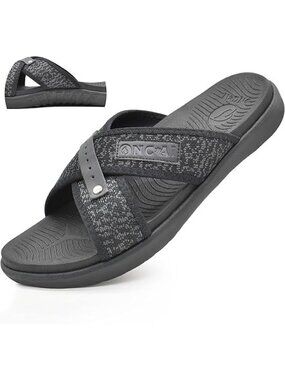Oncai Mens Size 14 Sandals Slide Cross Band Fabric Leather Arch Support Slippers